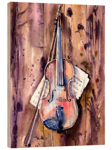 Wood print Violin and Notes