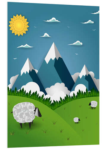 Foam board print Paper landscape with sheep