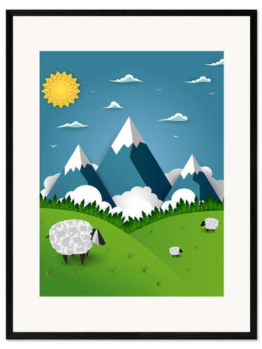 Framed art print Paper landscape with sheep