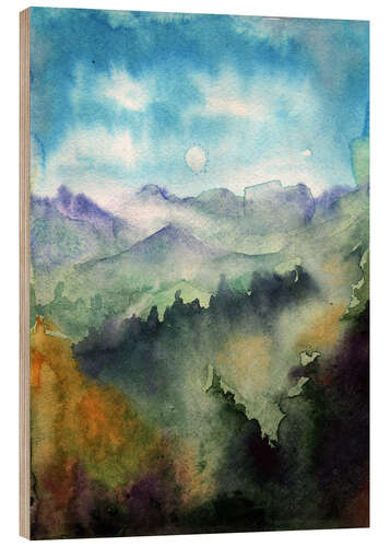 Wood print Mountain panorama watercolour