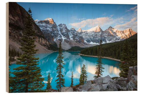 Holzbild Sonnenuntergang über See Moraine, Banff, Kanada