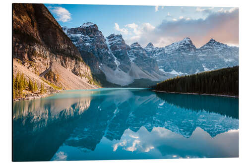 Tableau en aluminium Coucher de soleil sur le lac Moraine, Canada