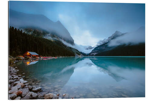 Tableau en plexi-alu Misty lake Louise, Banff, Canada