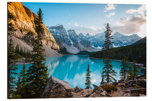 Tableau en aluminium Coucher de soleil sur le lac Moraine, Canada