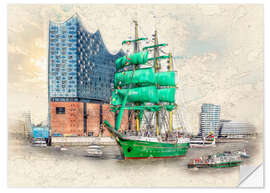 Selvklæbende plakat Hamburg Elbphilharmonie with the sailing ship Alexander von Humboldt