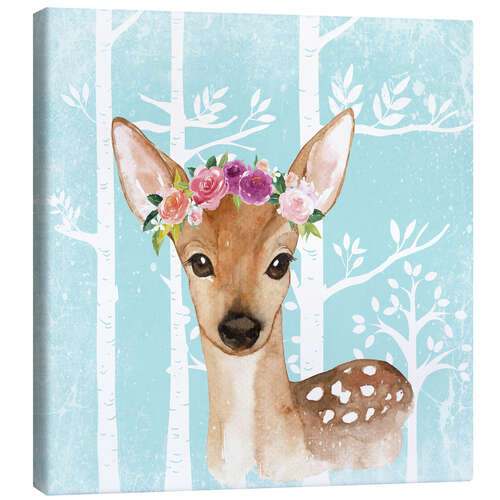 Canvas print Glamorous fawn with blossoms in the blue forest