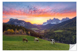 Sticker mural View into the Villnöss Valley in South Tyrol at sunrise