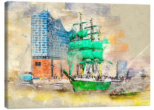 Canvas print Hamburg Elbphilharmonie with the sailing ship Alexander von Humboldt