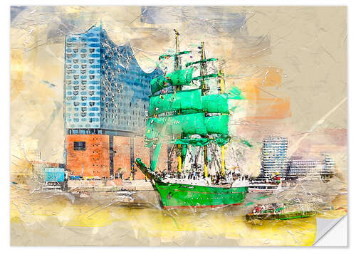 Selvklebende plakat Hamburg Elbphilharmonie with the sailing ship Alexander von Humboldt