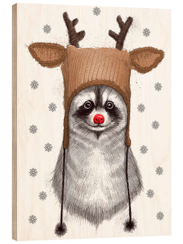 Hout print Raccoon in Deer Hat