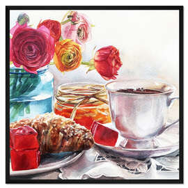 Gerahmter Kunstdruck Kaffee und Croissant Frühstück