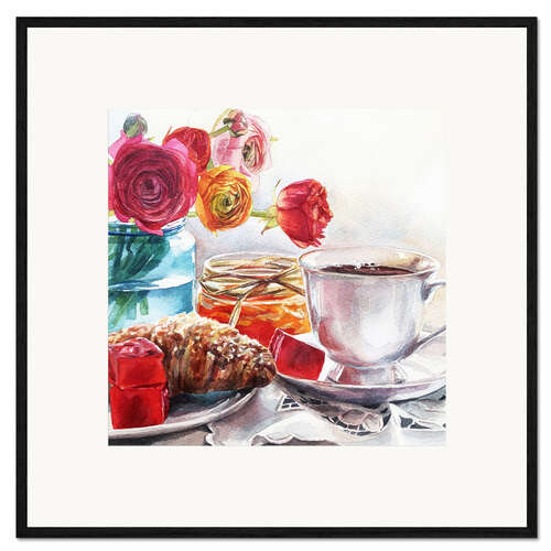 Inramat konsttryck Coffee and croissant breakfast