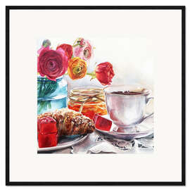 Inramat konsttryck Coffee and croissant breakfast