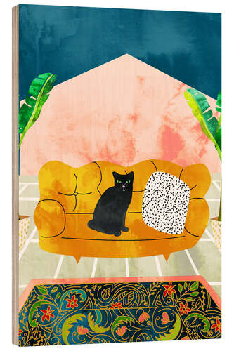 Wood print Black cat on yellow sofa