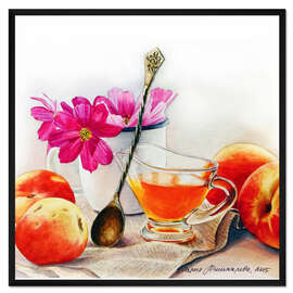 Gerahmter Kunstdruck Pfirsiche und Blumen Aquarellmalerei