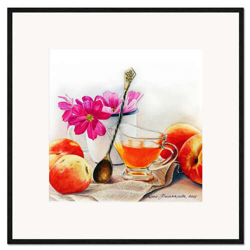 Impression artistique encadrée Pêches et fleurs à l'aquarelle