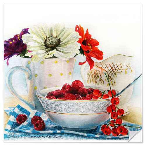 Selvklebende plakat Flowers and berries watercolor painting