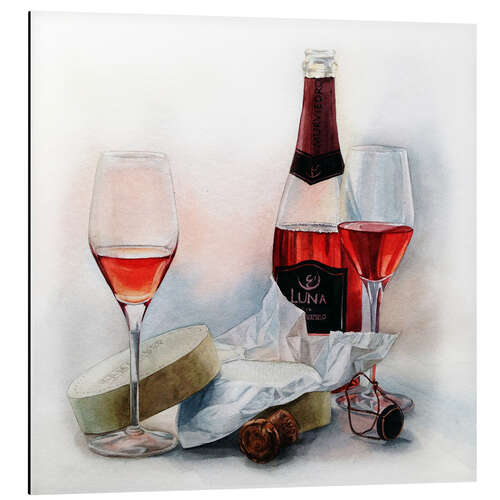 Aluminium print Wine and cheese watercolor painting