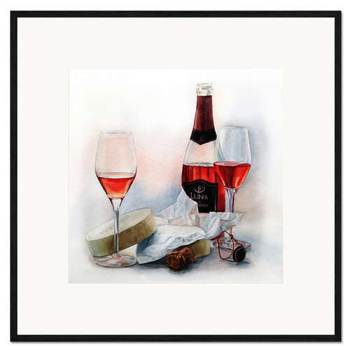 Ingelijste kunstdruk Wine and cheese watercolor painting