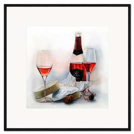 Gerahmter Kunstdruck Wein und Käse Aquarellmalerei