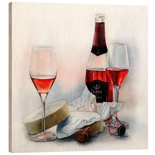 Hout print Wine and cheese watercolor painting