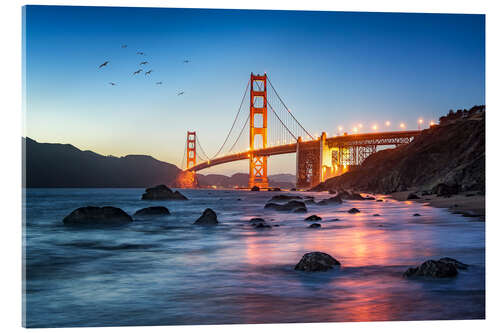 Stampa su vetro acrilico Golden Gate Bridge at sunset in San Francisco, USA