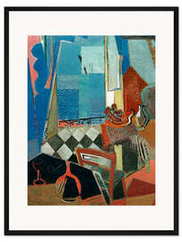 Gerahmter Kunstdruck Fensterausblick mit Pfeife, Glas und Fliesenboden