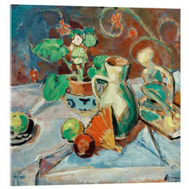 Acrylic print Still life with a white pitcher, plastic, fans and oranges