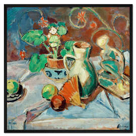 Gerahmter Kunstdruck Stilleben mit weißem Krug, Plastik, Fächer und Apfelsinen