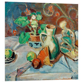 Foam board print Still life with a white pitcher, plastic, fans and oranges