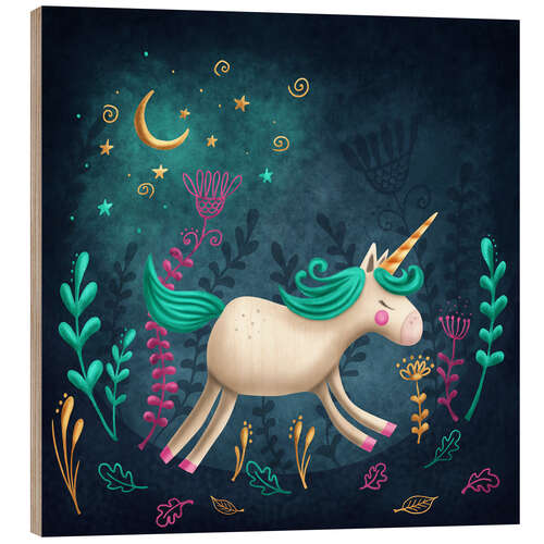 Hout print Unicorn in a magical forest I