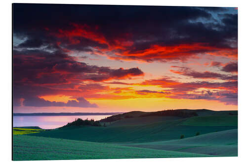 Aluminium print Rolling green hills and lake at sunset