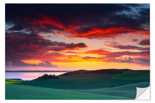 Sticker mural Rolling green hills and lake at sunset