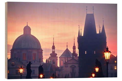 Wood print Foggy morning, Charles Bridge in Prague