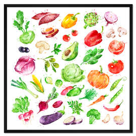 Gerahmter Kunstdruck Obst und Gemüse Aquarell