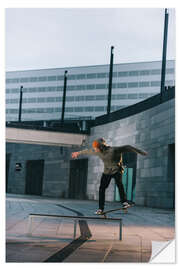 Selvklebende plakat Skateboarder balances on a bench