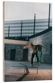 Wood print Skateboarder balances on a bench