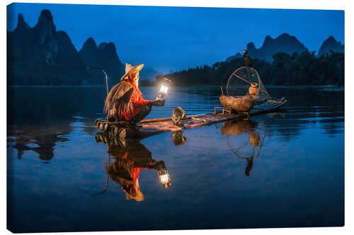 Lerretsbilde Chinese cormorant fisherman in front of karst landscape in Guilin, China