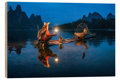 Wood print Chinese cormorant fisherman in front of karst landscape in Guilin, China