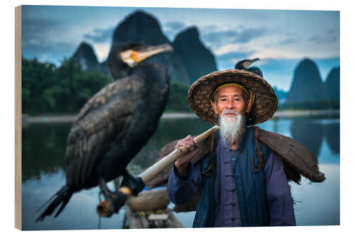 Wood print Chinese fisherman with cormorant in Guilin, China