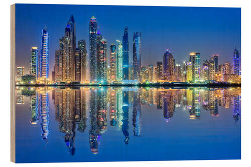 Holzbild Dubai Marina, blaues Leuchten