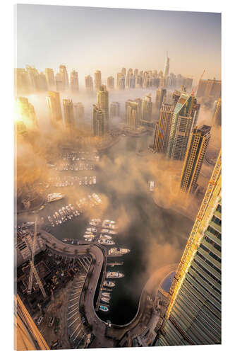 Akrylbilde Dubai Marina covered in early morning fog