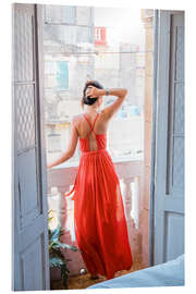 Acrylglasbild  Junge attraktive Frau im roten Kleid