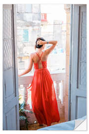 Selvklæbende plakat Young attractive woman in red dress