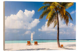 Obraz na drewnie Beach with chairs and umbrella, Maldives