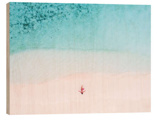 Wood print Drone view of woman on the beach, Maldives