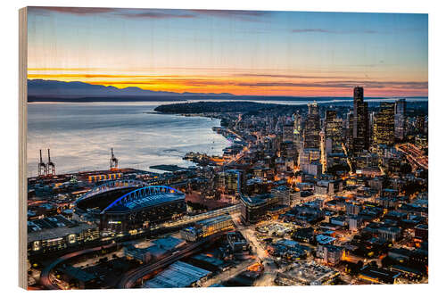 Wood print Seattle downtown and harbour at night, USA