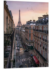 Aluminiumtavla Street in Paris with Eiffel tower at sunset