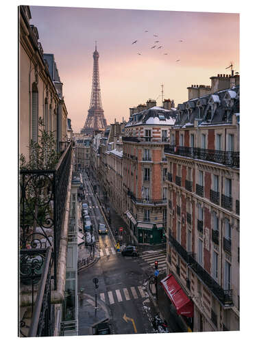 Tableau en plexi-alu Rue de Paris et tour Eiffel au coucher du soleil