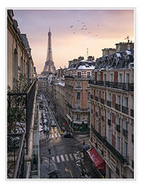 Poster Strada parigina con Torre Eiffel al tramonto
